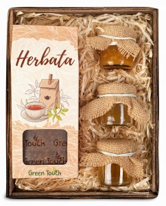 Kosz prezentowy z herbatą rooibos, konfiturkami i miodkiem - drobny upominek