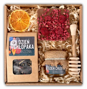 Prezent na dzień chłopaka zestaw upominek box eko pudełko z herbatą, miodem i czekoladą