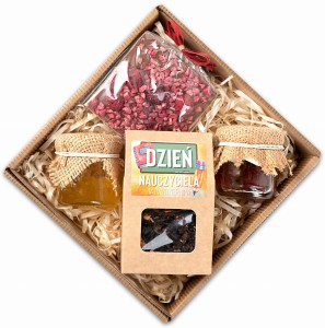 Prezent na dzień nauczyciela zestaw w pudełku z herbatą, miodem, konfiturką i czekoladą