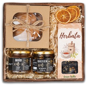 Kosz prezentowy z ciastkami, herbatą i miodem