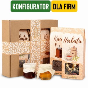 Pudełko zestaw prezentowy z herbatą i kawą konfigurowalny, personalizowany. Prezent dla firm