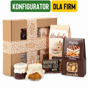 Pudełko zestaw prezentowy z herbatą lub kawą i słodyczami konfigurowalny, personalizowany. Prezent dla firm
