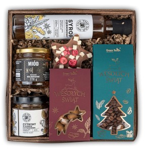 Świąteczny kosz prezentowy zestaw na prezent kawa słodycze syrop miód box