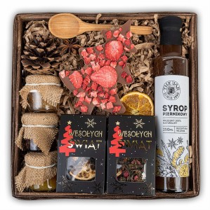 Kosz prezentowy zestaw na święta mikołaja czekolada herbaty paczka syrop mix świąteczny