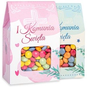 Podziękowania dla gości komunia w pudełku cukierki draże naturalne