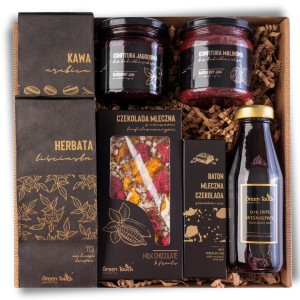 Kosz box prezentowy prezent upominek herbata kawa konfitury czekolada baton