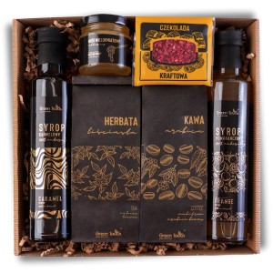 Zestaw kosz prezentowy upominek syropy herbata kawa miód naturalny box