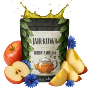 Jabłkowa 50 g herbata zielona Gunpowder z suszonym jabłkiem i bławatkiem