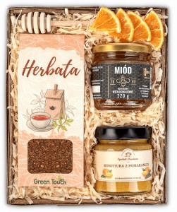 Kosz prezentowy zestaw z herbatą, konfiturą i miodem na prezent