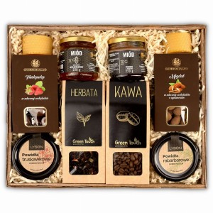 Duży kosz prezentowy z herbatą i kawą oraz słodyczami ze świecami