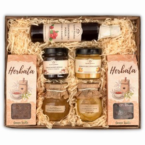 Duży kosz prezentowy z przetworami, herbatą rooibos i hibiskusem