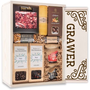 Skrzynka prezentowa zestaw z świecą, kawą, herbatą i słodyczami. Zestaw prezentowy podziękowania.