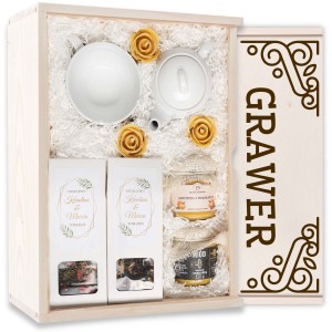 Skrzynka prezentowa zestaw z dzbankiem i filiżanką. Zestaw prezentowy podziękowania.