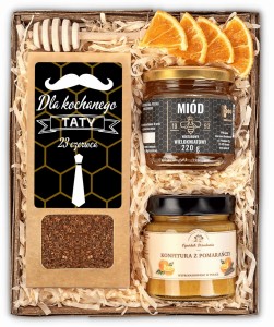 Prezent na dzień ojca dla taty zestaw prezentowy. Kosz prezentowy z herbatą i miodem.