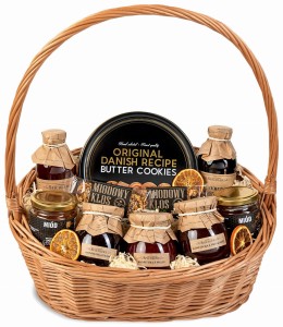 Duży kosz prezentowy wiklinowy z ciastkami, miodami i konfiturami naturalny wersja ciemna