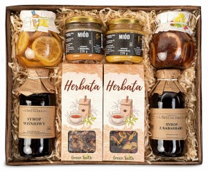 Duży kosz prezentowy z herbatami owocowymi, przetworami i miodami