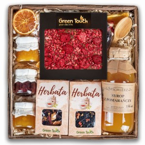 Kosz prezentowy zestaw herbat z przetworami, syropem i czekoladą