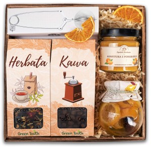 Kosz prezentowy zestaw herbata, kawa, przetwory, zaparzacz