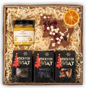 Kosz prezentowy świąteczny prezent z herbatami i czekoladą