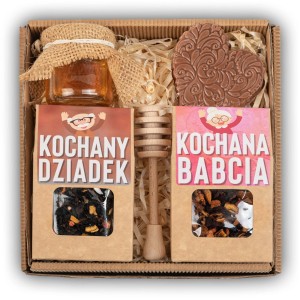 Zestaw prezentowy upominek dzień babci i dziadka, herbaty, miód i czekolada - box