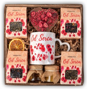 Kosz prezentowy z kubkiem i herbatami od serca prezent na dzień kobiet i walentynki