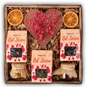 Kosz prezentowy z herbatami i słodyczami. Zestaw z czekoladą, miodem i konfiturą