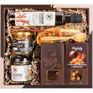 Kosz prezentowy zestaw kawa, syrop, miód, cytryny. Pudełko prezentowe