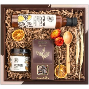 Kosz prezentowy zestaw herbata, cytryny z whisky i syrop. Pudełko prezentowe