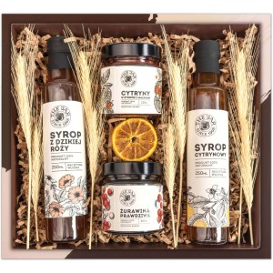 Kosz prezentowy zestaw przetworów premium żurawina syropy. Pudełko prezentowe