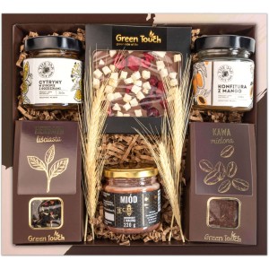 Kosz prezentowy zestaw z herbatą, kawą i słodyczami z przetworami. Pudełko prezentowe