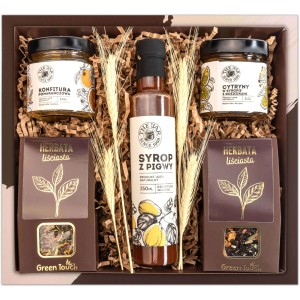Kosz prezentowy zestaw herbat, syrop i konfitury. Pudełko prezentowe