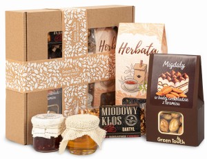Zestaw prezentowy z herbatą, migdały, miód i słodycze. Naturalny upominek, prezent uniwersalny