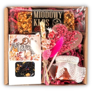 Prezent na dzień mamy upominek zestaw herbata, słodkości, kwiaty