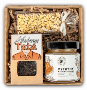 Prezent upominek dla taty na dzień ojca, herbata, cytryny i czekolada