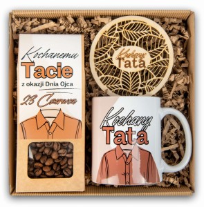 Kosz prezentowy dla taty - kawa, kubek z podkładką, prezent na dzień ojca