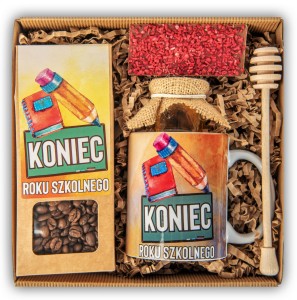 Kosz prezentowy z kubkiem i kawą dla nauczyciela na zakończenie roku szkolnego