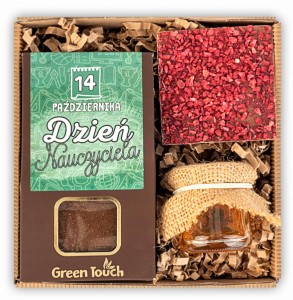 Prezent na dzień nauczyciela pudełko z kawą, miód i czekolada z nadrukiem