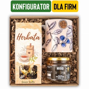 Konfigurowalny zestaw prezentowy z herbatą, miodem i kubkiem. Personalizowany prezent dla firm
