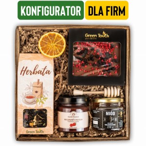 Kosz prezentowy z herbatą lub kawą i słodyczami konfigurowalny, personalizowany. Prezent dla firm