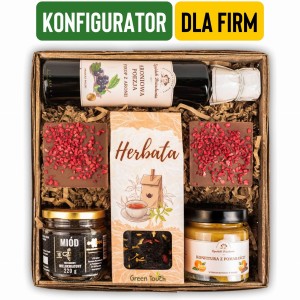 Kosz prezentowy z herbatą, kawą i słodyczami z miodem konfigurowalny, personalizowany. Prezent dla firm, prezent świąteczny