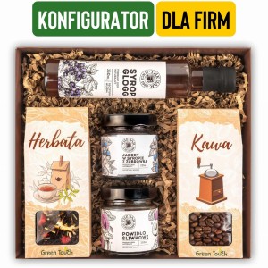 Pudełko prezentowe konfigurowalne, personalizowane. Prezent dla firm, kosz prezentowy z kawą i herbatą