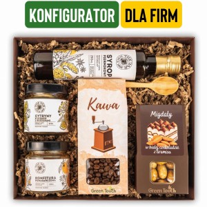 Pudełko prezentowe konfigurowalne, personalizowane. Prezent dla firm, kosz prezentowy z kawą i słodyczami