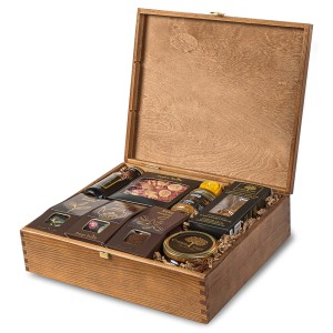 Zestaw prezentowy w skrzynce prezent deluxe słodycze kawa herbata kwitnąca