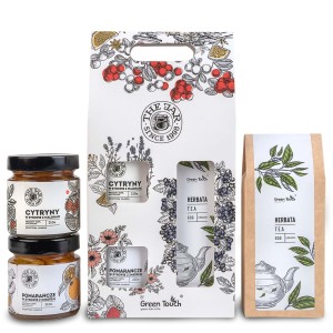Zestaw prezentowy przetwory herbata w pudełku na prezent cytryny pomarańcze