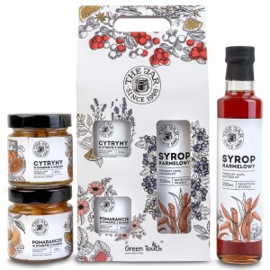 Zestaw prezentowy owoce w syropie i syrop karmelowy pudełko prezentowe