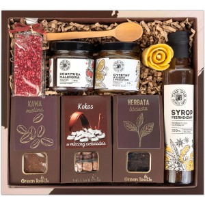 Kosz prezentowy zestaw kawa herbata syrop konfitury czekolada w pudełku box