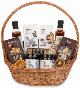 Kosz prezentowy wiklinowy zestaw z herbatą i kawą bakalie w czekoladzie