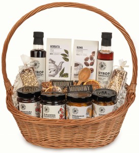 Kosz prezentowy zestaw owoców w syropie kawa herbata syropy czekolada