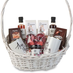 Podziękowanie dla rodziców kosz prezentowy nadruk kubki herbata kawa syropy