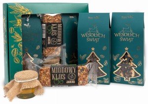 Pudełko prezentowe zestaw na mikołajki i święta herbata z kawą baton miód
